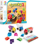 The Trucky 3 mechanical puzzle by SmartGames, featuring colorful toy trucks and various geometric blocks. The set includes three trucks, designed for preschoolers to load the trucks with blocks. Accompanying the trucks are colorful challenge cards and a booklet illustrating different puzzle levels. Ideal for enhancing problem-solving skills in young children.