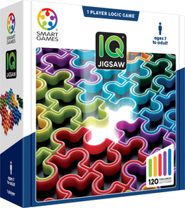 IQ Jigsaw by Smart Toys & Games is a mechanical jigsaw puzzle featuring vibrant, multicolored pieces. The packaging highlights that it is a single-player logic game, suitable for ages 7 to adult, and includes 120 challenges that range from easy to expert levels.
