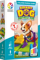 Smart Dog Obstacle Run game box featuring a playful cartoon corgi jumping through a hoop. The colorful design emphasizes logic skills with 60 challenges for players aged 7 and up. Ideal for solo play.