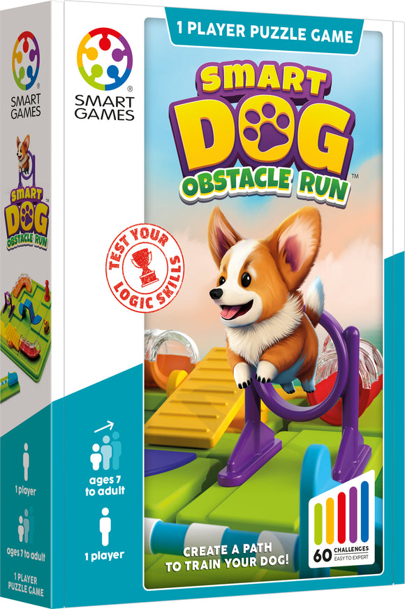 Smart Dog Obstacle Run game box featuring a playful cartoon corgi jumping through a hoop. The colorful design emphasizes logic skills with 60 challenges for players aged 7 and up. Ideal for solo play.