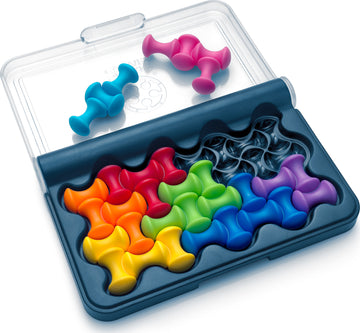 IQ Waves by Smart Toys & Games is a colorful mechanical puzzle featuring vibrant, interlocking pieces. The puzzle is arranged in a durable storage case that highlights the different shapes in a rainbow of colors, including pink, blue, green, and orange. Designed to challenge spatial reasoning and problem-solving skills, this engaging game is perfect for kids and adults alike, providing hours of fun and cognitive development.