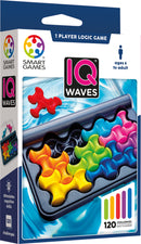 The IQ Waves by Smart Toys & Games is a vibrant mechanical puzzle featuring colorful, wave-shaped pieces. Designed for solo play, it offers 120 challenges suitable for ages 6 and up. The packaging showcases the puzzle pieces in a tray, highlighting the engaging and stimulating nature of the game.