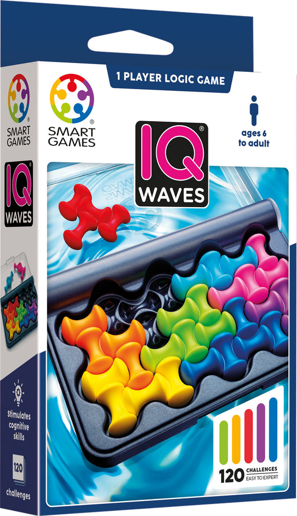 The IQ Waves by Smart Toys & Games is a vibrant mechanical puzzle featuring colorful, wave-shaped pieces. Designed for solo play, it offers 120 challenges suitable for ages 6 and up. The packaging showcases the puzzle pieces in a tray, highlighting the engaging and stimulating nature of the game.