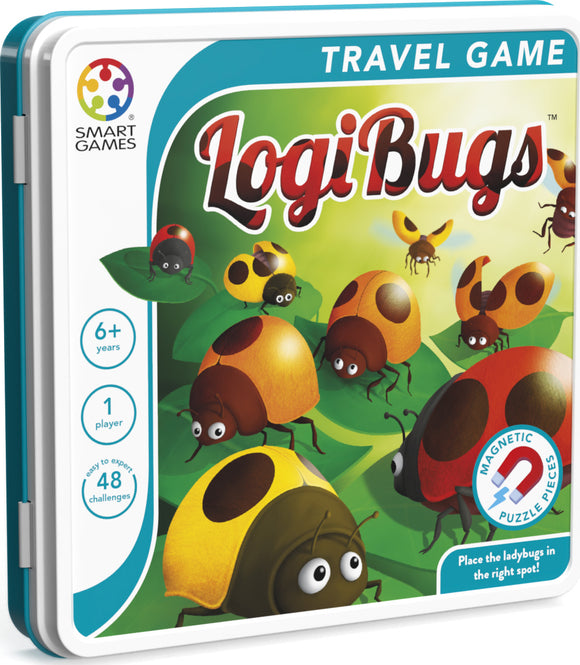 LogiBugs by Smart Toys & Games is a mechanical puzzle designed for ages 6 and up. The game features colorful ladybug pieces that players must correctly position on a leaf-themed board. The set includes 48 exciting challenges and is magnetic for easy play. Perfect for solo play during travel, it encourages critical thinking and problem-solving skills.