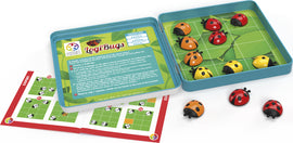 LogiBugs mechanical puzzle by Smart Toys & Games, featuring colorful ladybug pieces in a grid layout. The image shows a sliding puzzle game container with ladybug tokens. An instruction booklet is partially visible, indicating various challenge levels, including expert options. This engaging game promotes problem-solving skills for children and adults.