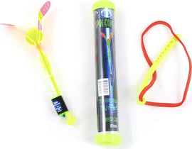 The Spin Copter: LED Slingshot Helicopter kit includes a colorful slingshot mechanism, a vibrant propeller, and a protective tube. Ideal for outdoor play and fun activities.