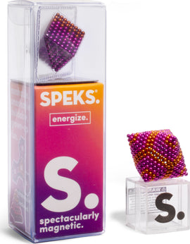 Speks Energize Gradient, a colorful magnetic fidget toy featuring vibrant purple and orange balls. Packed in a transparent case, designed for stress relief and creative play.