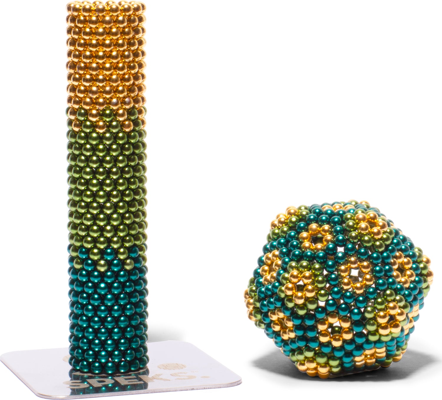 The Speks Inspire Gradient features a colorful set of magnetic balls, crafted with iridescent colors of green, blue, and gold. It's showcased as a fidget toy with a tall structured column and a spherical design, perfect for stress relief and creativity.