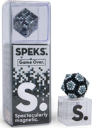 SPEKS Pixel Game Over is a unique magnetic building toy featuring a cube design made up of colorful magnetic beads. The toy is displayed in a clear packaging with a warning label and branding that emphasizes its magnetism and playfulness. It offers endless possibilities for creative construction and fun.