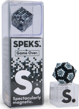 SPEKS Pixel Game Over is a unique magnetic building toy featuring a cube design made up of colorful magnetic beads. The toy is displayed in a clear packaging with a warning label and branding that emphasizes its magnetism and playfulness. It offers endless possibilities for creative construction and fun.