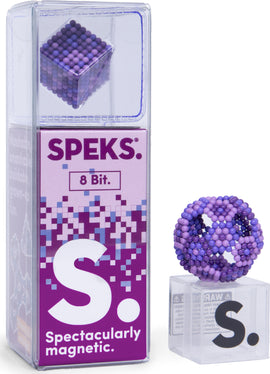 The Speks Pixel 8 Bit is a vibrant, magnetic fidget toy featuring a cube of purple beads displayed in a clear box. The packaging is colorful with playful graphics and the brand logo prominently visible. This toy is perfect for tactile stimulation and creative building.