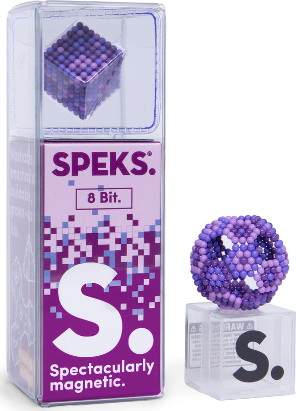 The Speks Pixel 8 Bit is a vibrant, magnetic fidget toy featuring a cube of purple beads displayed in a clear box. The packaging is colorful with playful graphics and the brand logo prominently visible. This toy is perfect for tactile stimulation and creative building.
