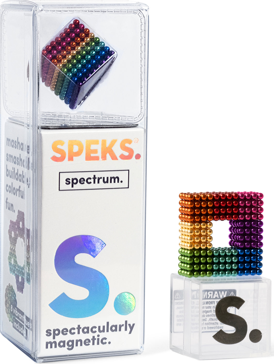 The Speks Spectrum is a captivating DIY magnetic building set featuring an array of vibrant colored magnetic balls arranged in a cube shape. The product comes in a clear container, showcasing the colorful spectrum of the magnets. Perfect for both children and adults, it encourages creativity, focus, and fun while allowing users to mash, smash, and build unique structures.