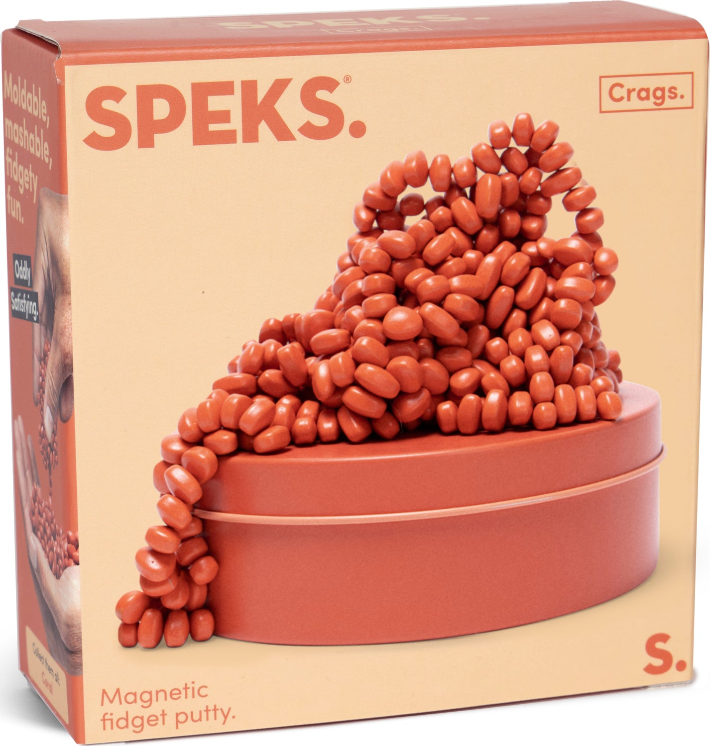 SPEKS Crags Matte: Coral is a playful and tactile magnetic fidget putty. The product is shown spilling out of a round container, featuring a vibrant coral color. Ideal for stress relief and enhancing focus, it is moldable and can be shaped into various forms for creative fun.