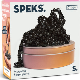 SPEKS Crags: Dandy is a container filled with black magnetic fidget putty, showcasing a pile of moldable and mashable beads that provide satisfying tactile fun. The product packaging highlights its versatility for fidgeting and stress relief.