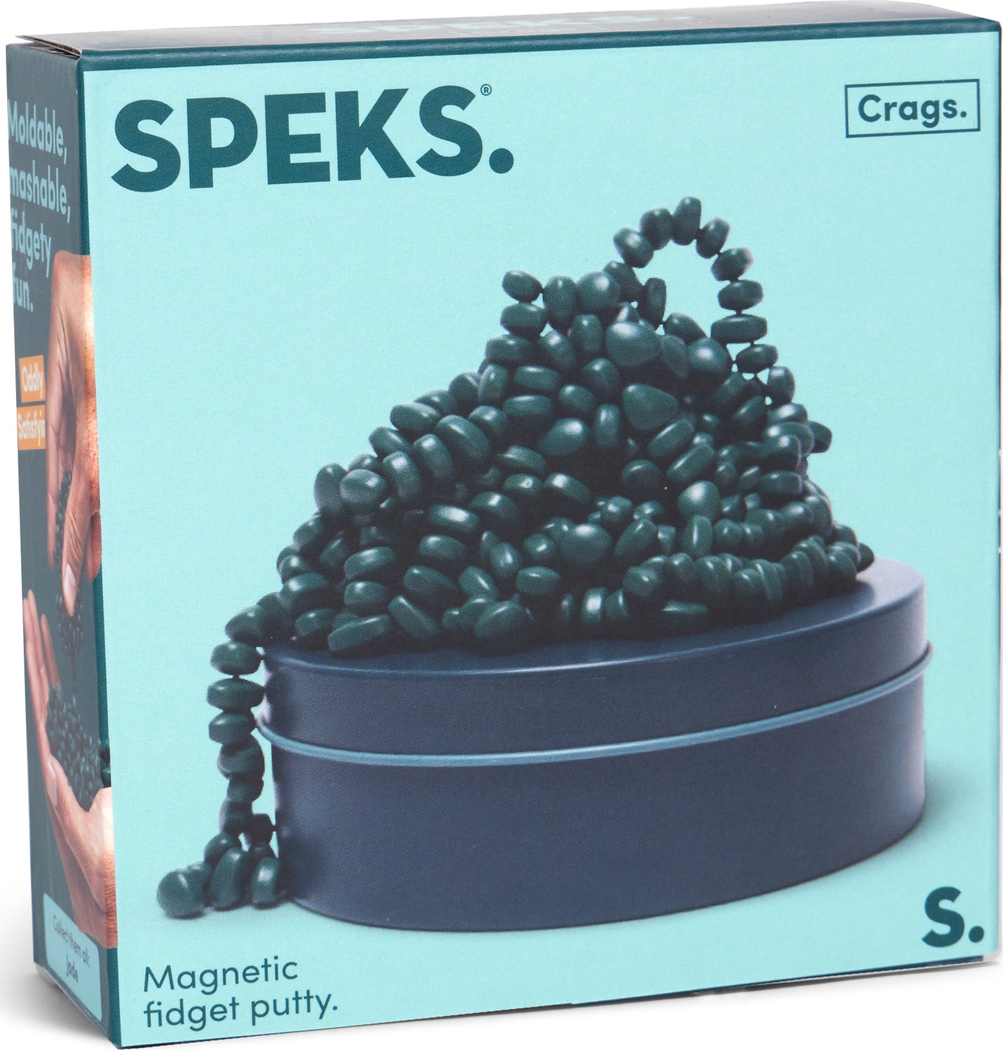 The SPEKS Crags Matte: Jade packaging features a mound of magnetic fidget putty, presented in a sleek, dark container. The background is a soft turquoise, enhancing the visual appeal. Ideal for sensory play and stress relief.