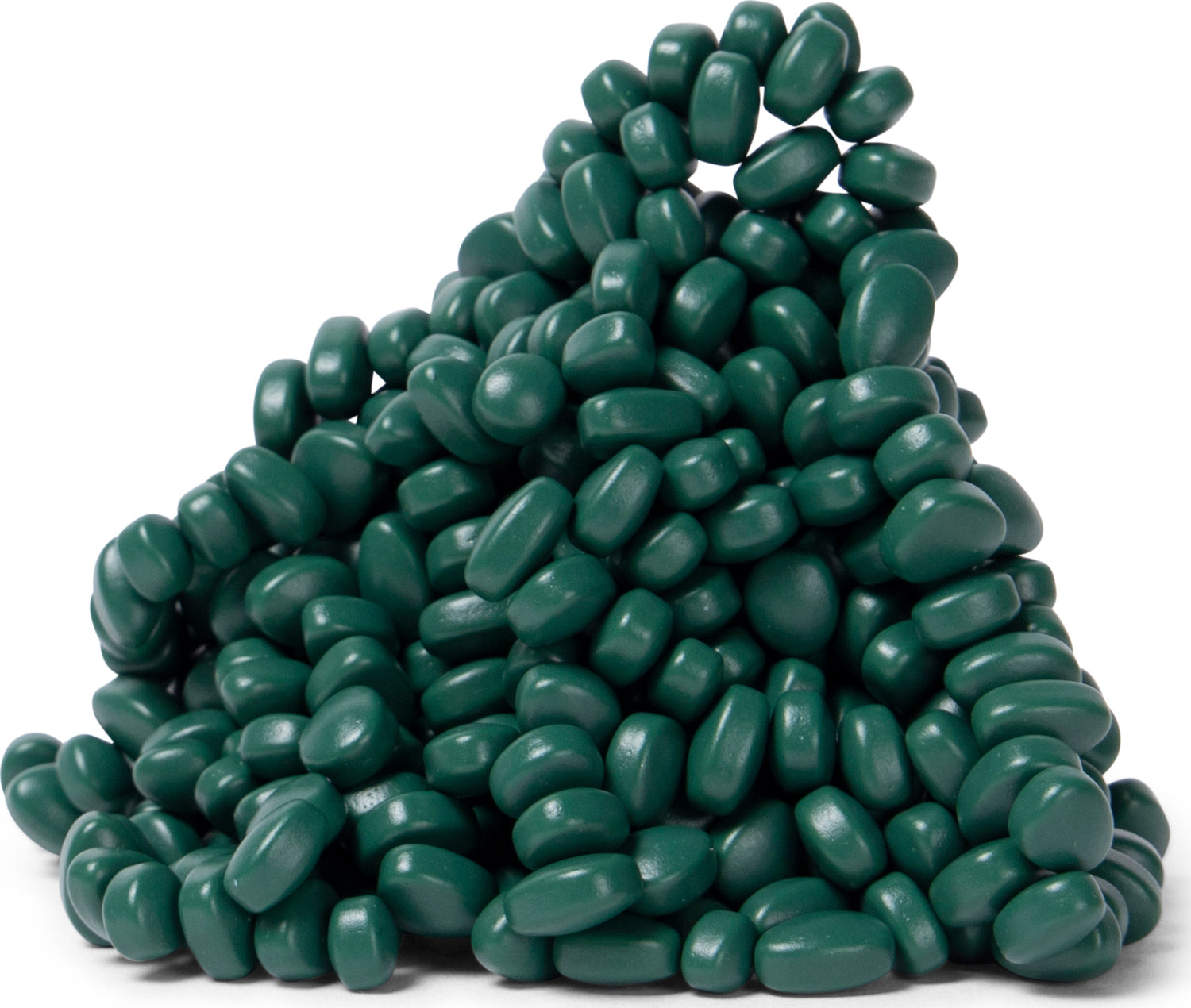 A heap of glossy green matte beads labeled Crags Matte: Jade by SPEKS, featuring oval and bean-shaped designs. Ideal for sensory play or creative projects.