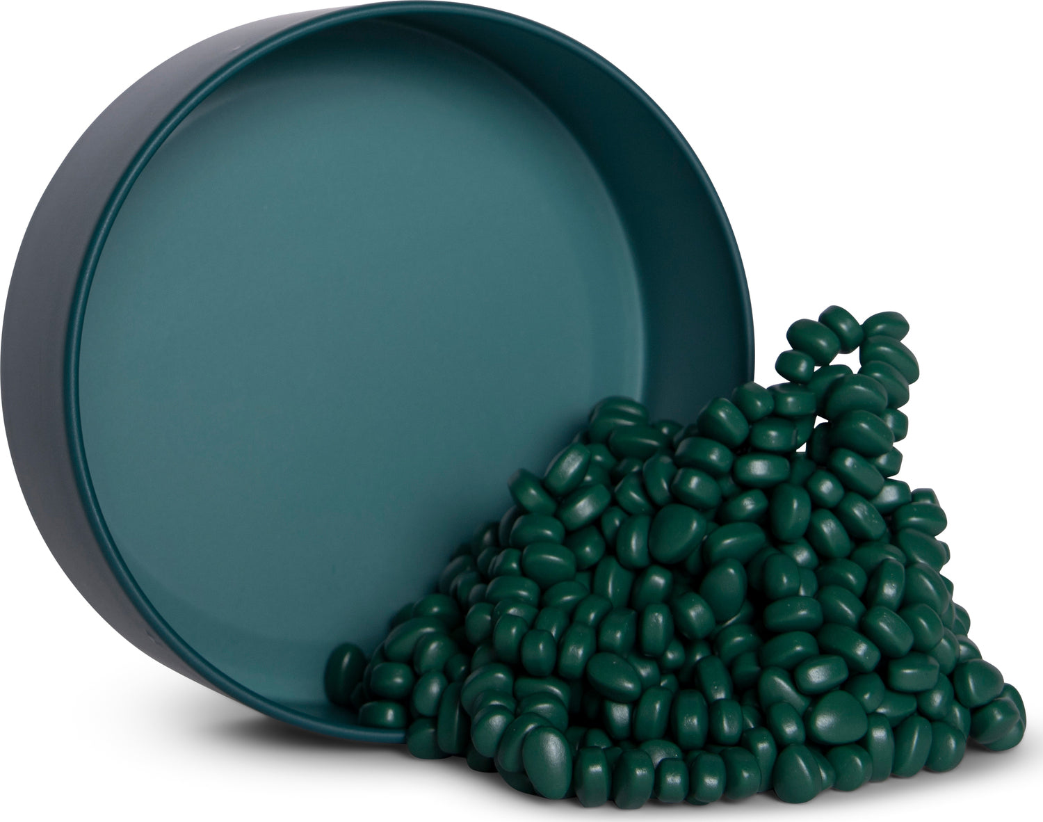 A round, matte jade container with a smooth finish partially tipped over, spilling out an assortment of jade-colored, kidney-shaped pieces. The pieces have a glossy finish and are scattered around the base of the container, creating an inviting and playful display.