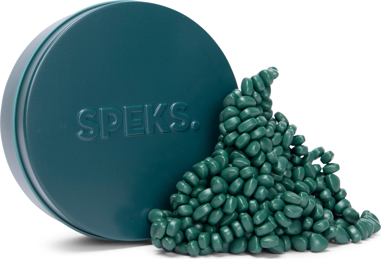 The Crags Matte: Jade by SPEKS features a round tin with the SPEKS logo, surrounded by a pile of small, smooth, jade-colored spheres. The design is visually appealing and suitable for stress relief or tactile engagement.