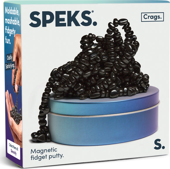 SPEKS Crags: Serenity is a compact tin featuring a mound of black magnetic fidget putty. The putty consists of small, glossy, oval-shaped beads that can be molded and shaped, offering a satisfying tactile experience. The packaging emphasizes the product's ability to provide oddly satisfying, moldable, and fidgety fun.