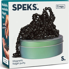 SPEKS Crags: Tranquility, a magnetic fidget putty, displayed in a stylish tin container. The putty is made of black, moldable beads, showcasing an innovative design that's both oddly satisfying and perfect for fidgeting. The packaging features hands interacting with the putty, highlighting its tactile qualities and calming effects.
