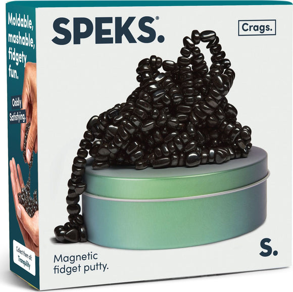 SPEKS Crags: Tranquility, a magnetic fidget putty, displayed in a stylish tin container. The putty is made of black, moldable beads, showcasing an innovative design that's both oddly satisfying and perfect for fidgeting. The packaging features hands interacting with the putty, highlighting its tactile qualities and calming effects.