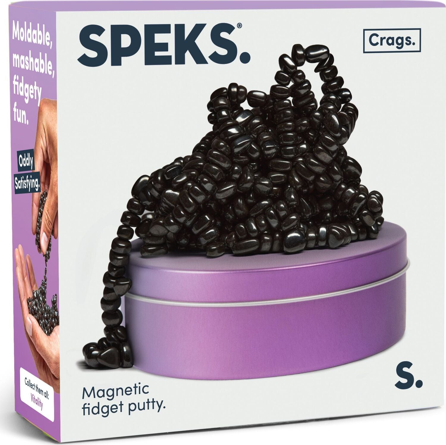 The SPEKS Crags: Vitality set features a canister filled with black magnetic fidget putty. The putty is molded into an interesting shape, with shiny beads forming a piled structure on top of a purple tin. The packaging showcases a hand pouring the putty, emphasizing its tactile and satisfying nature.