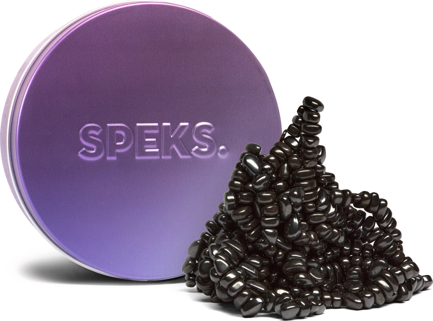 SPEKS Crags: Vitality in a vibrant purple tin featuring a collection of shiny black magnetic beads spilling out. Ideal for fidget play, stress relief, and creativity.