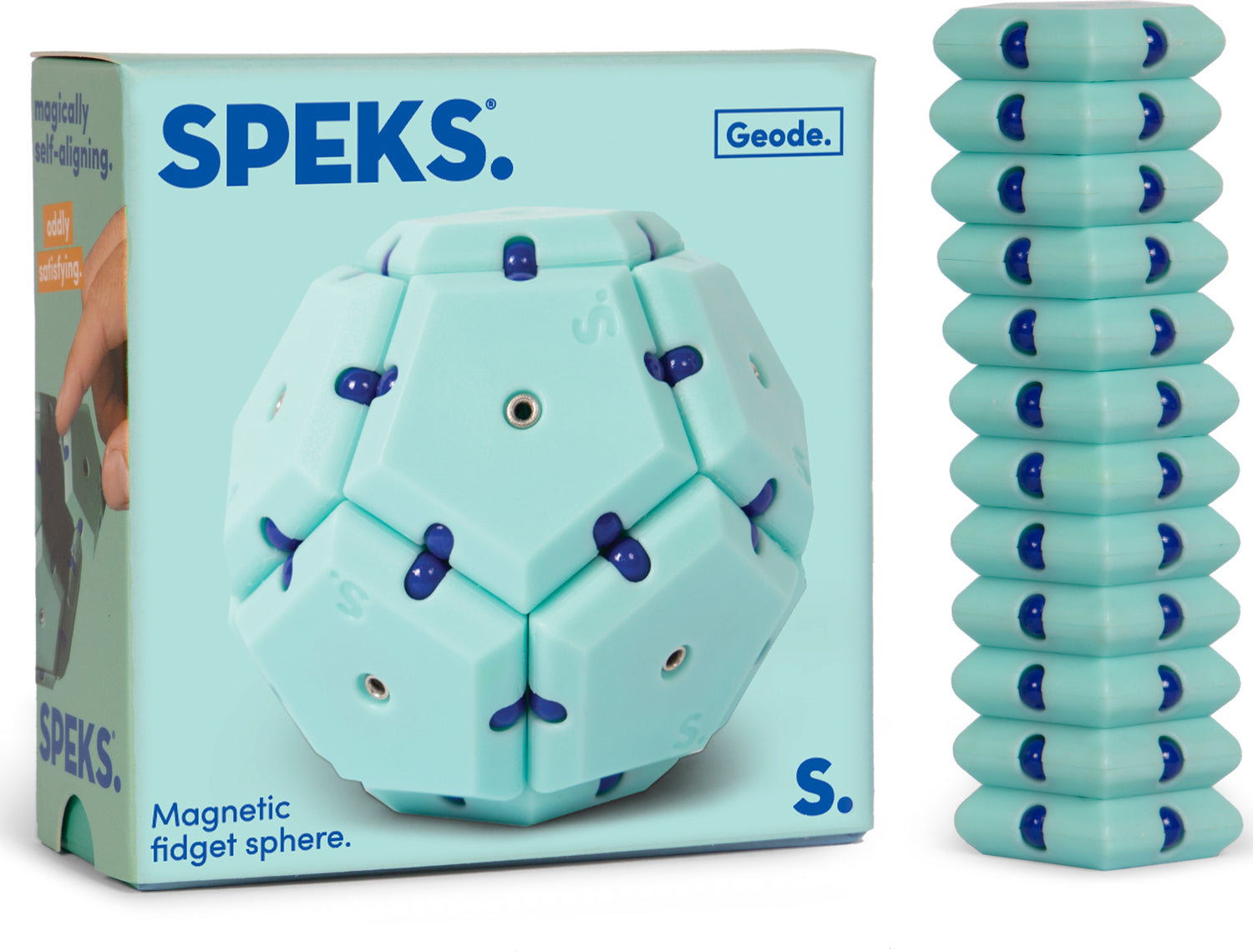 Speks Geode: Mile High, a light blue magnetic fidget sphere designed for satisfying tactile experiences. The product is shown alongside its packaging, featuring hexagonal shapes with blue accents and multiple magnetic pieces for endless configurations.