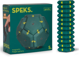 Speks Geode: Monstera, a magnetic fidget sphere in teal with yellow accents displayed alongside its packaging. Showcases its unique hexagonal design for calming tactile play.