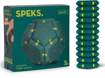 Speks Geode: Monstera, a magnetic fidget sphere in teal with yellow accents displayed alongside its packaging. Showcases its unique hexagonal design for calming tactile play.