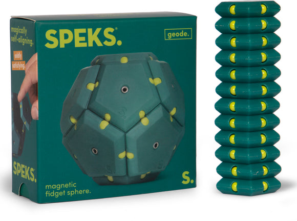 Speks Geode: Monstera, a magnetic fidget sphere in teal with yellow accents displayed alongside its packaging. Showcases its unique hexagonal design for calming tactile play.