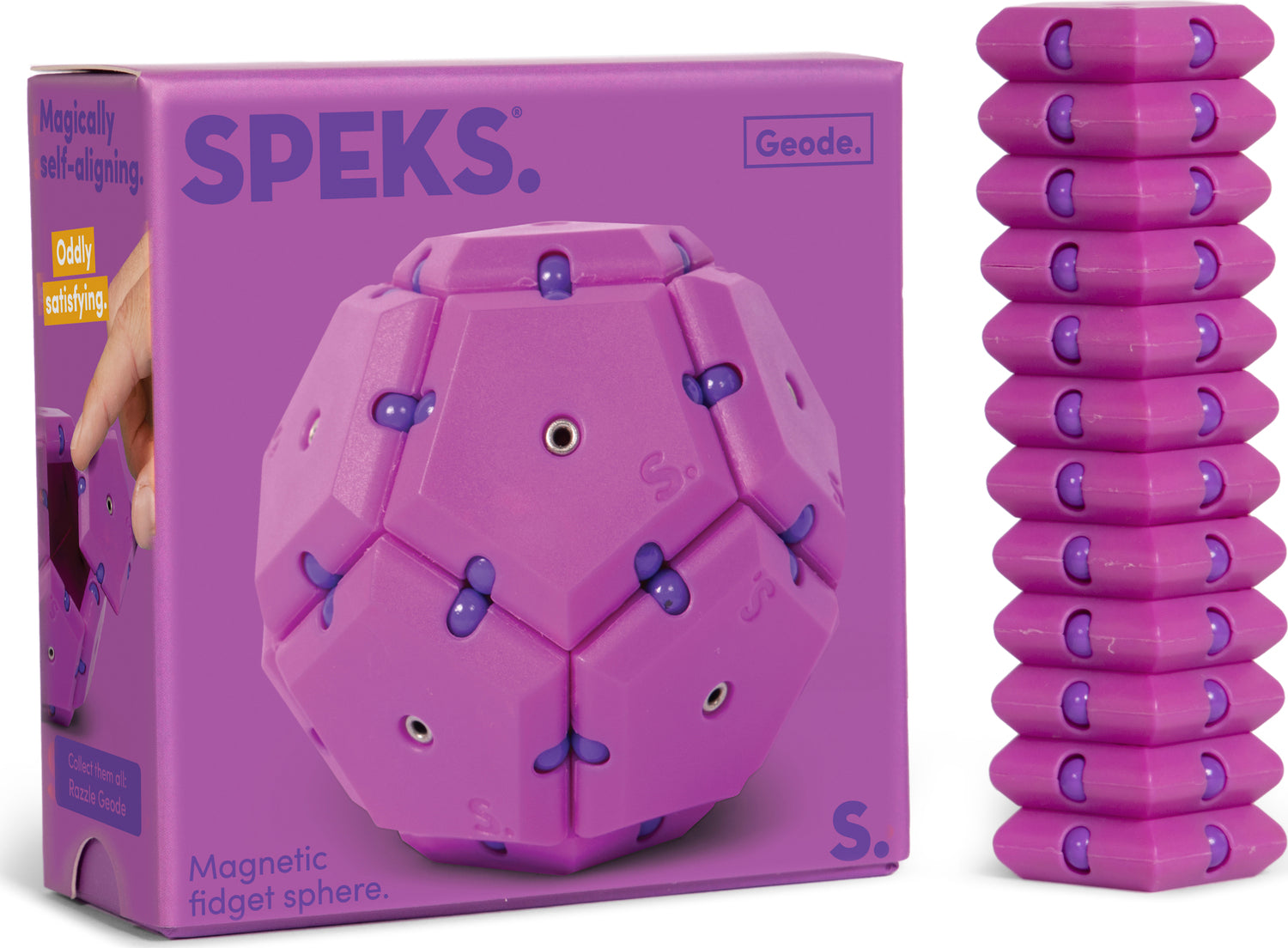 The Geode Razzle Dazzle by Speks is a vibrant purple magnetic fidget sphere designed for tactile engagement. Featuring hexagonal shapes with magnetic connectors, it offers a satisfying, self-aligning experience for stress relief and imaginative play. The product is displayed alongside its packaging, showcasing its unique design and playful characteristics.