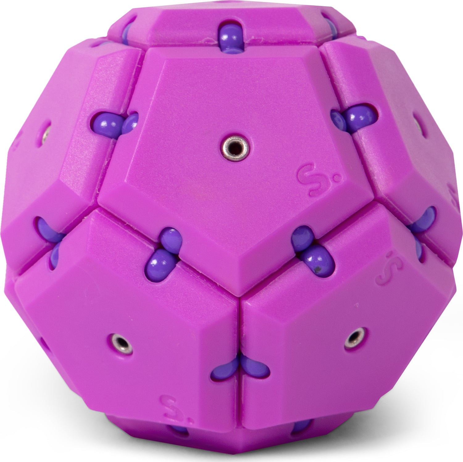 The Geode Razzle Dazzle is a vibrant, geometric puzzle made from interlocking hexagonal pieces in a bright purple color. Its unique design features smooth curves and contrasting elements, offering an engaging fidget experience. Ideal for enhancing cognitive skills through playful manipulation.