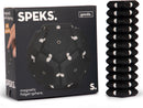 The Speks Geode: Snake Eyes is a magnetic fidget sphere featuring a geometric design with contrasting black and white colors. It is presented in an attractive box showing a hand interacting with the product, promoting its satisfying and playful nature.