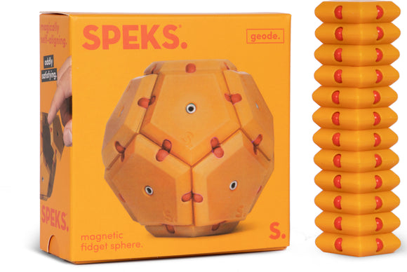 The Speks Geode: Solar Flare is a vibrant magnetic fidget sphere featuring a hexagonal design with red connectors. Its box displays the playful branding of SPEKS, emphasizing its oddly satisfying and self-aligning properties. This innovative fidget toy promotes tactile engagement and is ideal for stress relief.