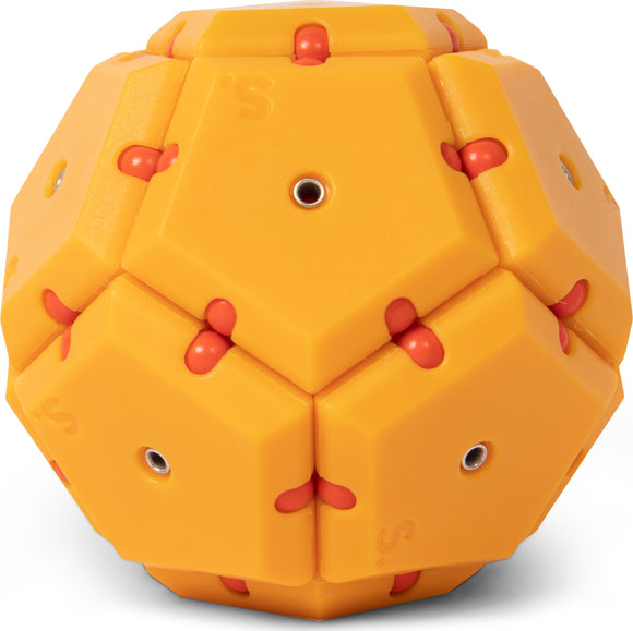 The Speks Geode: Solar Flare is a bright yellow and orange mechanical puzzle featuring interlocking hexagonal shapes. It has a smooth, shiny finish and small red elements that accentuate its unique design. Perfect for fidgeting and improving focus, this puzzle stimulates both the mind and hands.