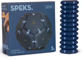 Speks Geode: Space Cadet is a magnetic fidget sphere featuring hexagonal shapes in dark blue color with lighter blue accents. The package showcases a hand holding the sphere, indicating its interactive nature, alongside stacked pieces depicting its modular design. Ideal for stress relief and focus, it provides an engaging tactile experience.