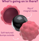Odds Silicone Fidget Magnets Purple Bumps sliced open so you can see the magnet, with text explaining.