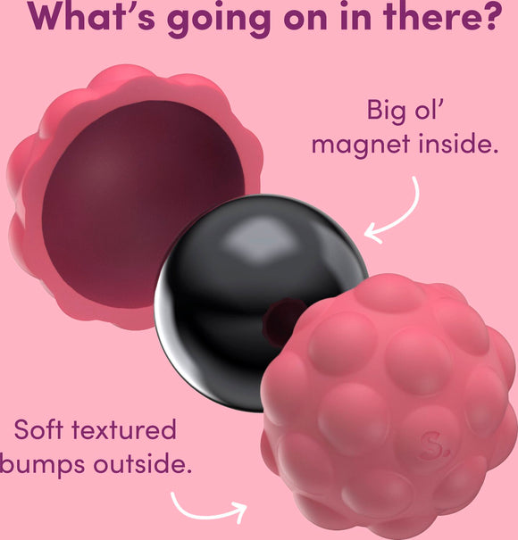Odds Silicone Fidget Magnets Purple Bumps sliced open so you can see the magnet, with text explaining.