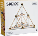 The Speks: Spokes Gold box showcases a magnetic bar building set, featuring a pyramid structure made from clear connectors and golden spheres. Hands are shown assembling the pieces, emphasizing the set's interactive and creative potential.