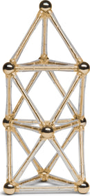 A sophisticated geometric structure made of transparent rods connected by shiny gold spheres, showcasing an intricate design. Ideal for creativity and stress relief.