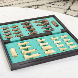 Deluxe Wooden Chess Checkers set by Spinmaster features intricately crafted chess pieces with a glossy finish, arranged in a stylish wooden board with a turquoise felt interior. The board is open, displaying both sets of pieces neatly organized, suitable for both chess and checkers play.