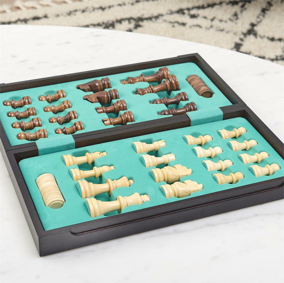 Deluxe Wooden Chess Checkers set by Spinmaster features intricately crafted chess pieces with a glossy finish, arranged in a stylish wooden board with a turquoise felt interior. The board is open, displaying both sets of pieces neatly organized, suitable for both chess and checkers play.
