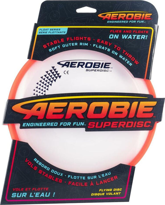 Superdisc by Spinmaster in assorted colors, a lightweight flying disc designed for stable flights. Ideal for outdoor play, it easily floats on water and features a soft outer rim for easy throws, making it perfect for family fun and games.