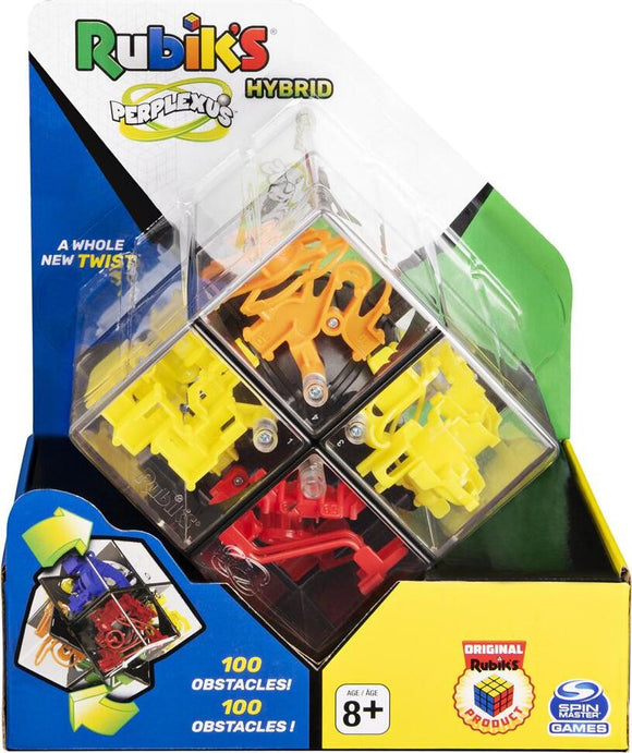 The Perplexus Rubik's Hybrid by Spin Master displayed in its colorful packaging. This mechanical puzzle features a unique 3D maze with 100 obstacles, designed to challenge and entertain players aged 8 and up. The colorful pieces include red, yellow, and blue components, showcasing the intricate design that combines a classic Rubik's cube concept with a 3D labyrinth.