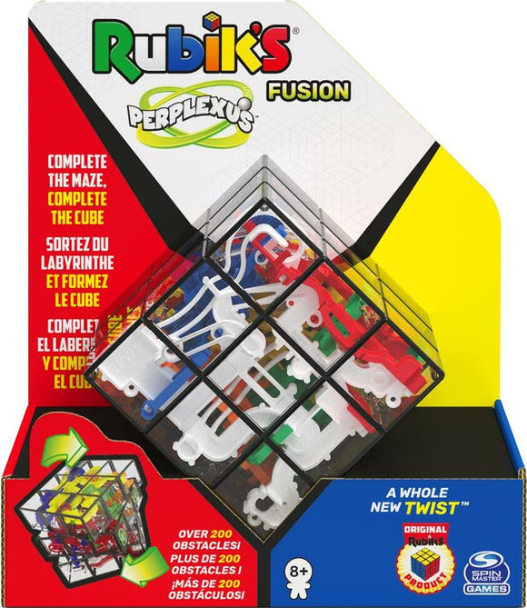 The Perplexus Rubik's Fusion 3x3 puzzle by Spin Master Games features a transparent 3D maze structure with colorful obstacles and a classic Rubik's Cube design. Designed for ages 8 and up, it challenges players to navigate through over 200 obstacles to complete the cube, offering a unique twist on traditional puzzles.