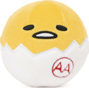 A cute Gudetama round squishy toy featuring the iconic lazy egg character with a yellow top half and a white bottom half. The facial expression is nonchalant with closed eyes and a slight frown. The plush material looks soft and cuddly, perfect for stress relief or collection.