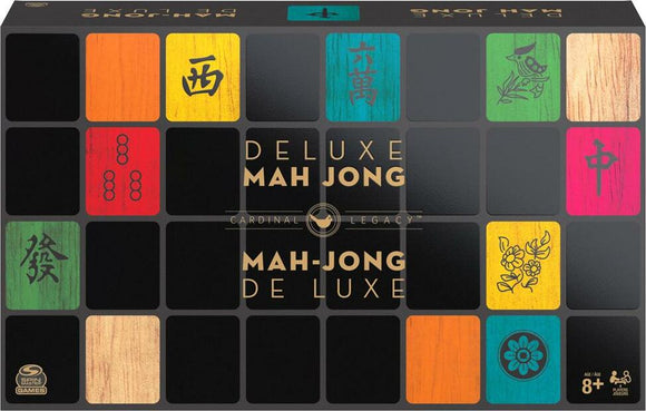Deluxe Mahjong game by Cardinal Games featuring a beautifully designed box showcasing intricate tile patterns and vibrant colors. The game is suitable for ages 8 and up, making it perfect for family game nights or gatherings with friends.