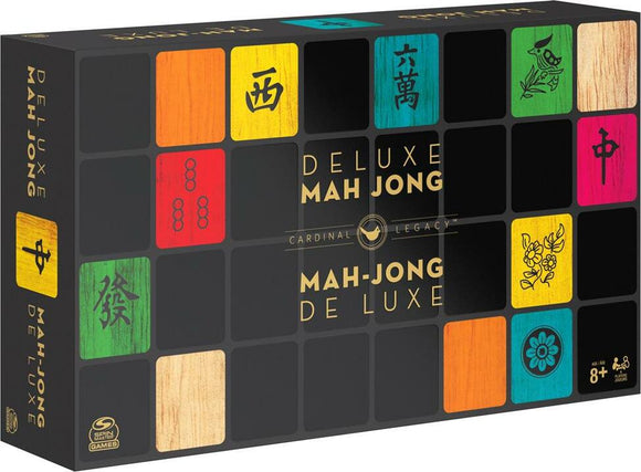 Packaging of Deluxe Mahjong game by Cardinal Games featuring vibrant, colorful tiles and Chinese characters. The box design is bold and visually appealing, indicating it is suitable for players aged 8 and up, with a focus on classic gameplay.